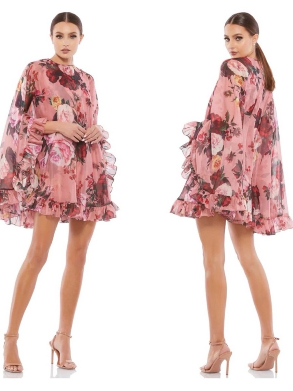 Mac Duggal Rose-Print Pink Ruffle Caped Mini Dress 55404 - Picture 4 of 6